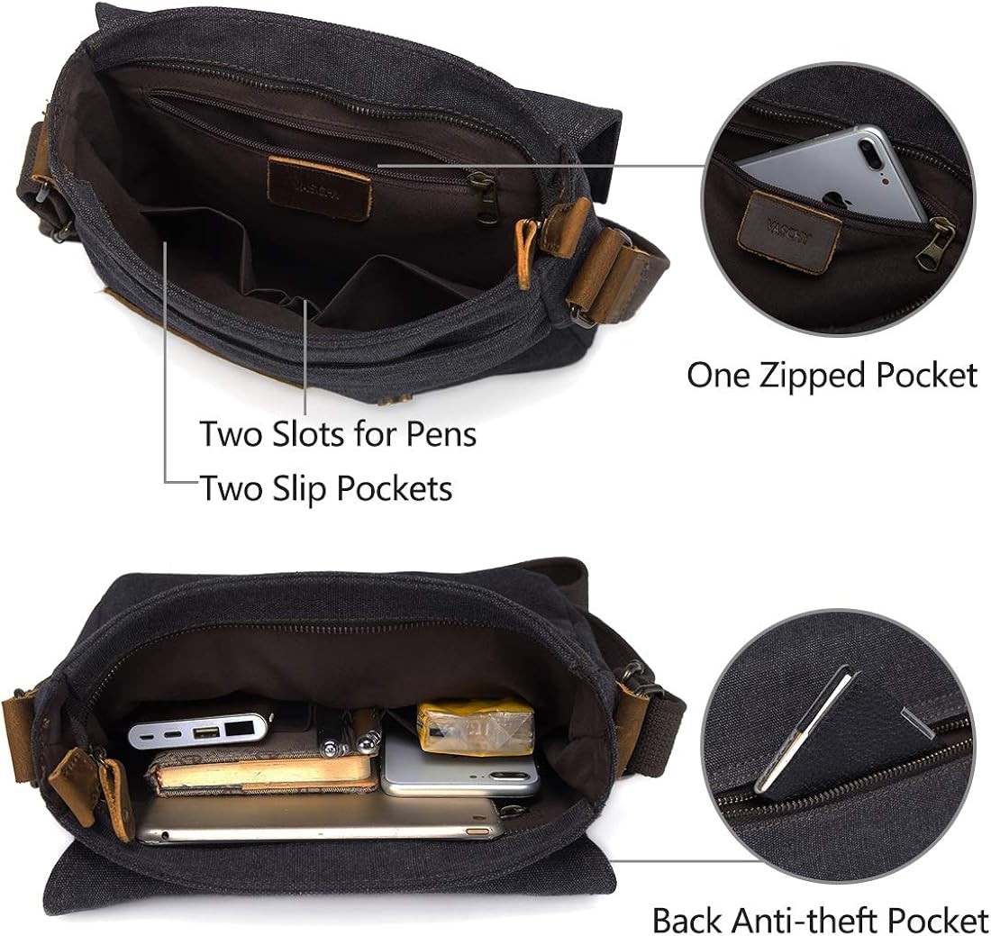 VASCHY Man Bag, Water Resistant Small Messenger Bag Shoulder Bag Vintage Canvas Leather Cross Body Bag with Multi-Pockets(Black) - Image 5