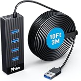 Yinker USB Extension Cable Hub, 10FT 4-Port USB 3.0 Splitter for Laptop/PC | 5Gbps data transfer, 10ft cord(3m), USB-C power input only (no charging), Type C Port, for desktop, U Disk, Printer
