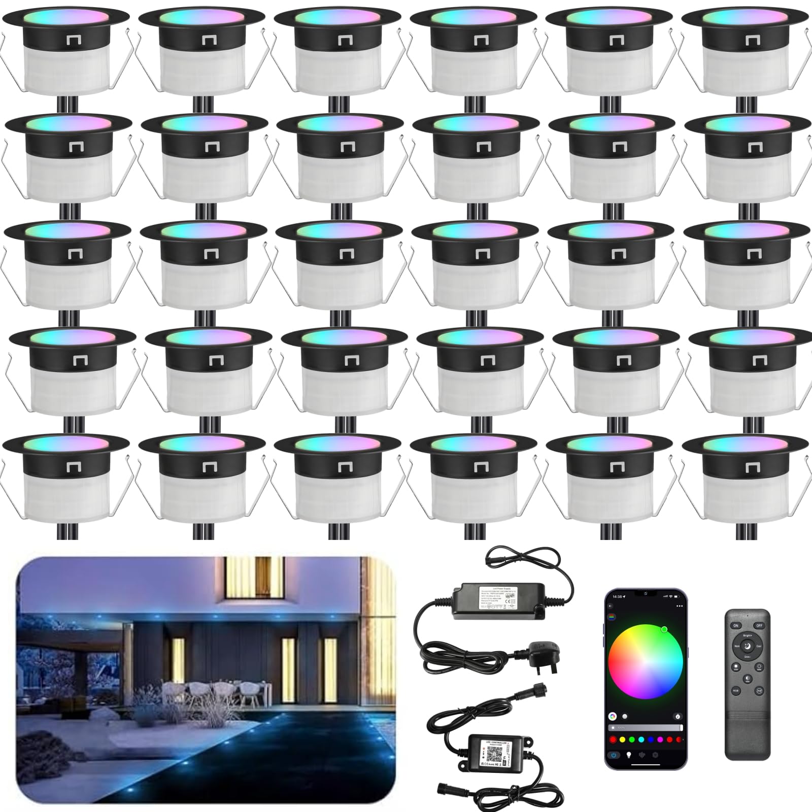 INDARUN RGBW WiFi Led Decking Lights Waterproof IP67 Ø31MM 12V - Bluetooth Led Plinth Lights for Terrace/Patio/Path/Wall/Garden/Decoration, 30 Packs