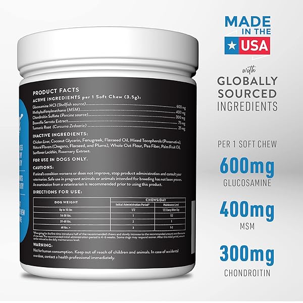 DOGSWELL HIP AND JOINT SUPPLEMENT FOR DOGS – SOFT CHEWS WITH GLUCOSAMINE, CHONDROITIN, MSM, BOSWELLIA & TURMERIC, 1 POUND