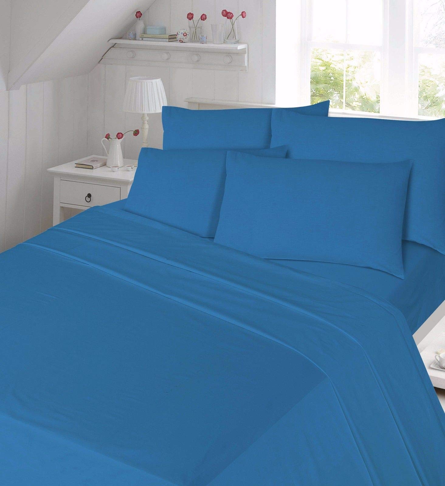 clicktostyle 100% BRUSHED COTTON 4FT SMALL DOUBLE FLANNELETTE EXTRA DEEP 16" FITTED SHEET WARM SOFT BED SHEETS (Blue)