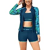 SHEKINI Women's 3 Piece Rash Guard Long Sleeve Swimsuits Zip Up Sun Protection Swim Shirts Built in Bra with Boyshorts