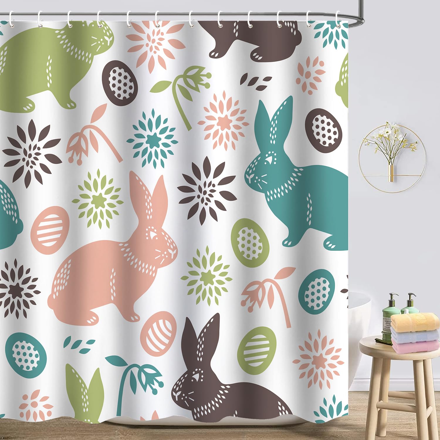 Atwqevon Easter Shower Curtain, Watercolor Rabbit Shower Curtain Set, Bathroom Curtains Shower Set for Bathroom Decor 72"X72"