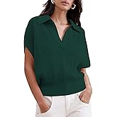 Cakulo Spring Summer Crochet Tops for Women 2025 Crop Knit Short Sleeve Polo V Neck Collared Sweater Top Green XL