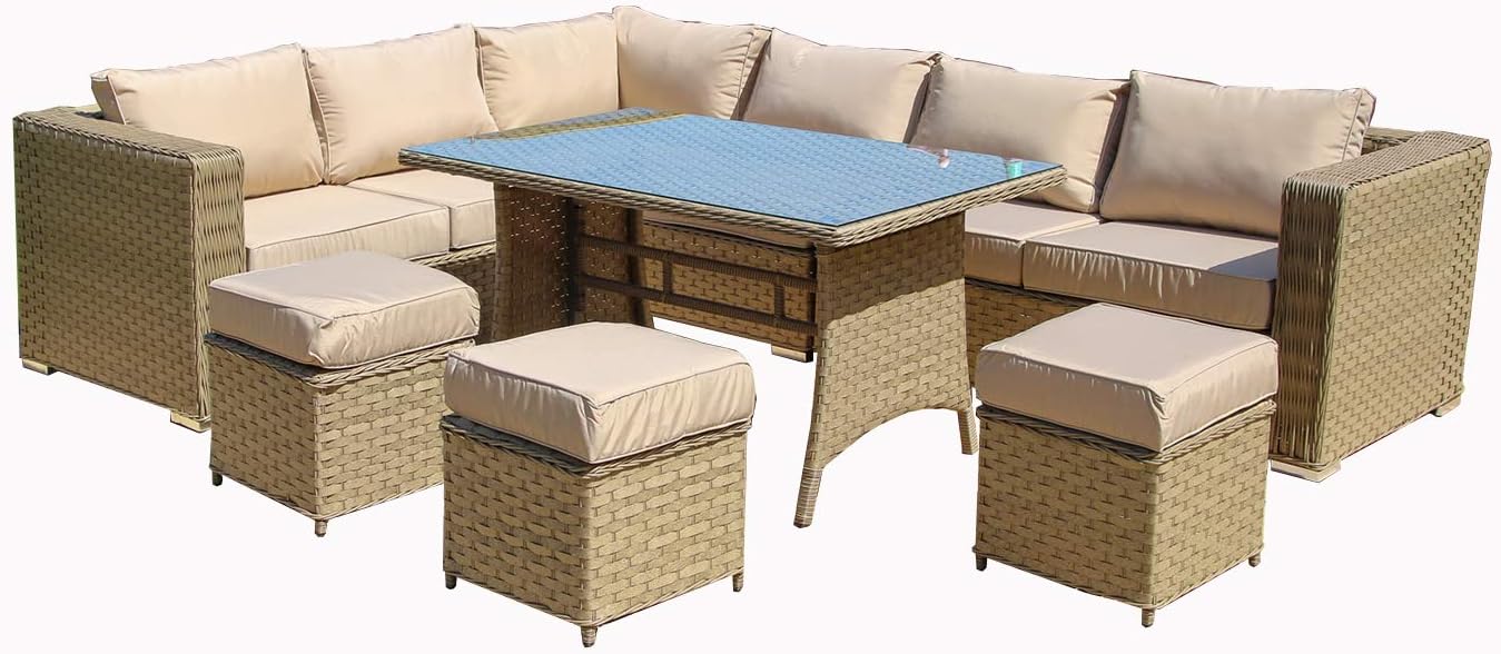 YAKOE P9CSD4-NOMR 9 SEAT 1 Dining Table Rattan Wicker Garden Furniture Conservatory Sofa Set Sand