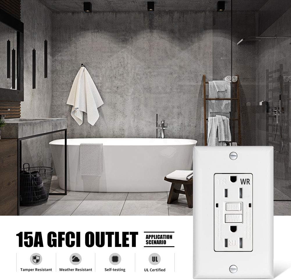 GFCI Outlet Receptacle 15 amp-Weather Resistant Self Testing Tamper Resistant Duplex Ground Fault Circuit Interrupter Outlet UL Certified for Home/Commercial/Outdoor/Indoor - - 
