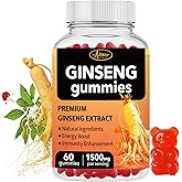 Auranic 60 Count Asian Panax Ginseng Gummies 1500mg Supplements for Men and Women, Energy Maca Ginseng Root Extract Gummies for Memory & Immunity Support, Pectin-Based Apple Flavored Chews Gummy