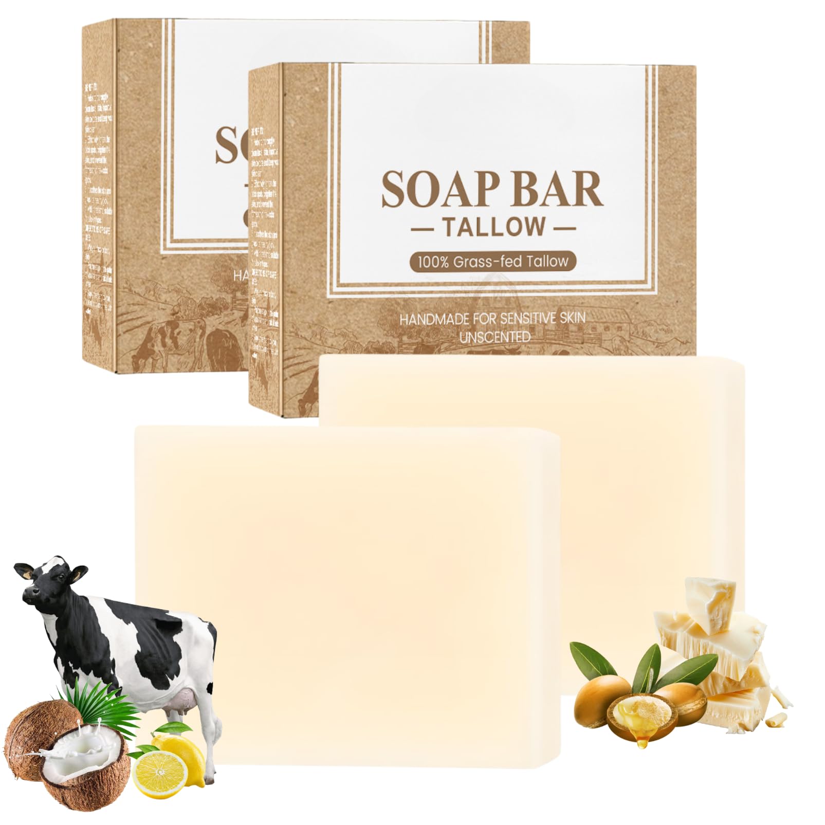 2pcs Beef Tallow Skin Care Soap - Tallow Soap Bar - Deep Cleaning Unscented Soaps for Face,Body,Hand,Leg - Tallows Balm So-ap - Grass Fed Beef Tallows Soaps - Women,Men Daily Care Use