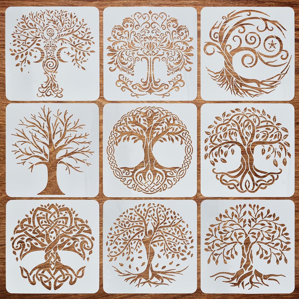 FINGERINSPIRE 9Pcs Trees of Life Painting Large Stencil 30x30cm PET Tree Spiral Tree Twisted Tree Spraying Big Stencil Reusable Tree Branch and Leaves Wall Stencils Vibrant Trees Man Stencils