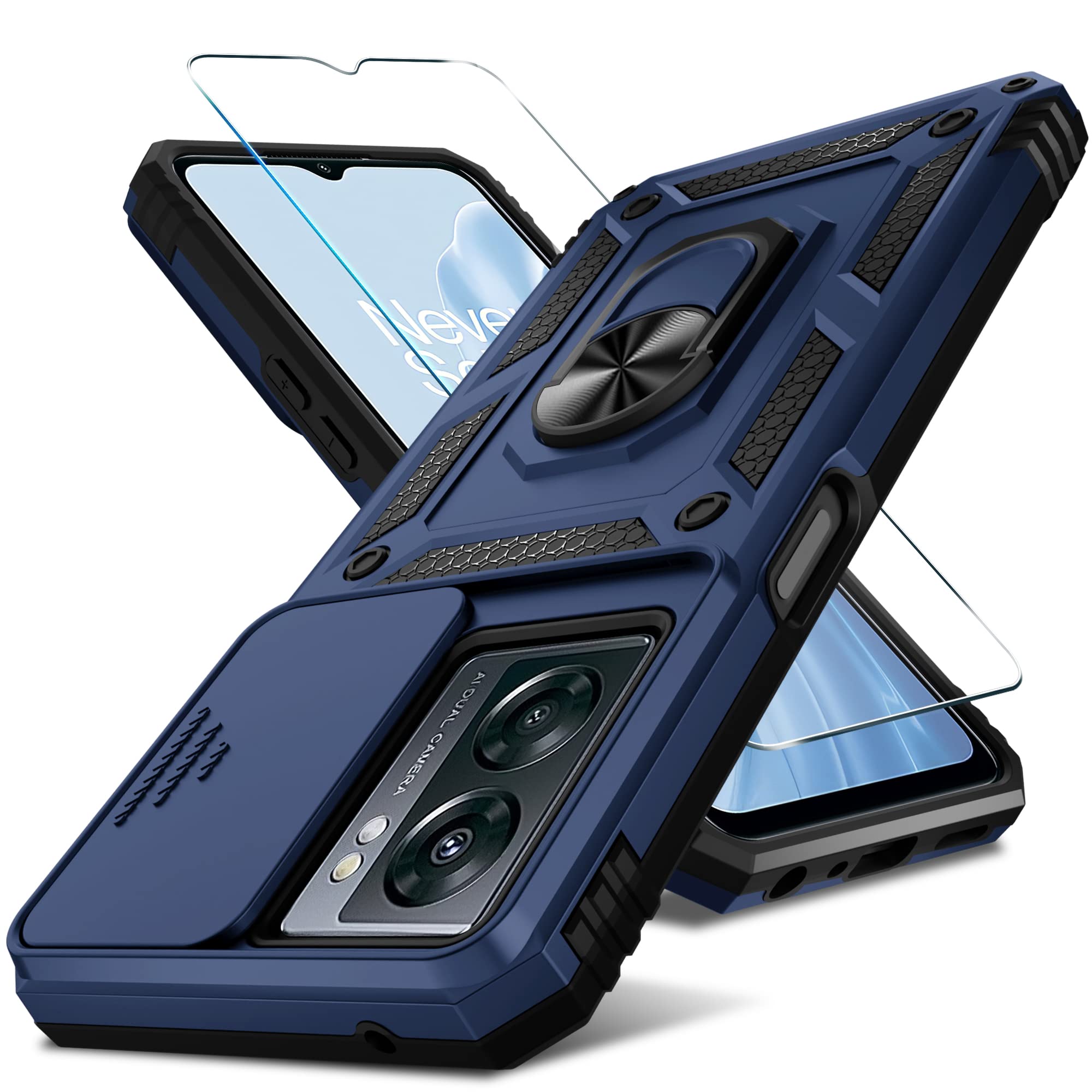 Photo 1 of Janmitta Compatible with OnePlus Nord N300 5G Case Built in Slide Camera Lens Cover & Screen Protector,Heavy Duty Shockproof Full Body Phone Cover,Built in Finger Ring Stable Kickstand,2022 Blue