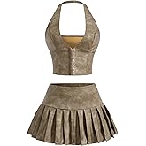 winkbay Women's 2 Piece Leather Outfits Y2k Halter Crop Top and Pleated Mini Skirt Party Club Set
