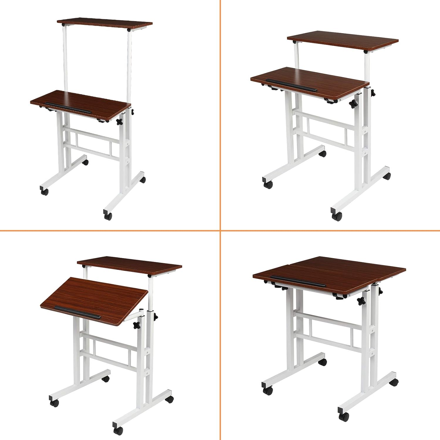 VINGLI Brown Mobile Standing Up Desk, Steel Frame with White Coating, Adjustable Wooden Laptop Desktop with Locking Wheels, Rolling Presentation Cart : Office Products