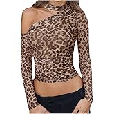 RoseSeek Women's Y2K Leopard Asymmetrical Halter Top Off The Shoulder Mesh Crop Tops Night Out Outfits