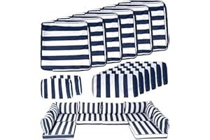 Odsiikly 14 Piece Outdoor Patio Cushion Covers Replacement, Waterproof Outdoor Furniture Cushion Covers, Fit 7 Pcs 6 Seater Wicker Rattan Patio Conversation Sofa Set, Blue & White Stripes(Only Cover)