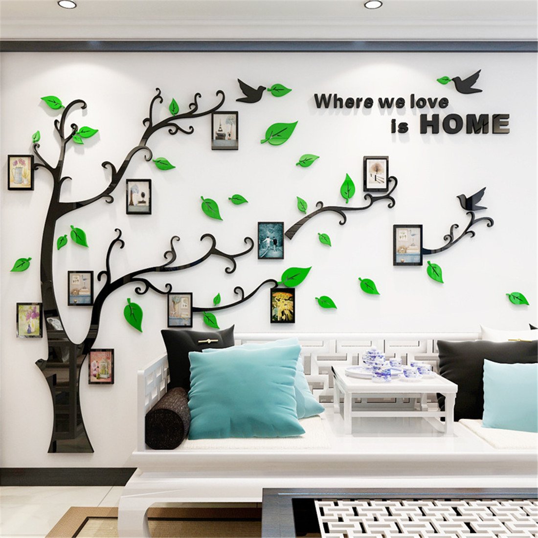 3D Tree Wall Stickers - DIY Photo Frame Tree Wall Decal Family Photo Frame Sticker Murals Wall Decor Living Room Bedroom TV Background Home Decorations (XL:109 * 79in,Green Right)
