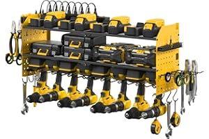 JUNNUJ Large Pegboard Power Tool Organizer with Charging Station, 8 Drills Driver and Tools Battery Holder Wall Mount with 8 Outlet Power Strip, Yellow 3-Layer Shop Garage Storage Utility Rack