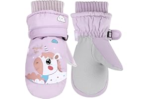 QKURT Kids Ski Mittens, Winter Snow Waterproof Mittens with Unicorn Pattern for Girls 3-8 Years, Warm Fleece Lining Toddler G