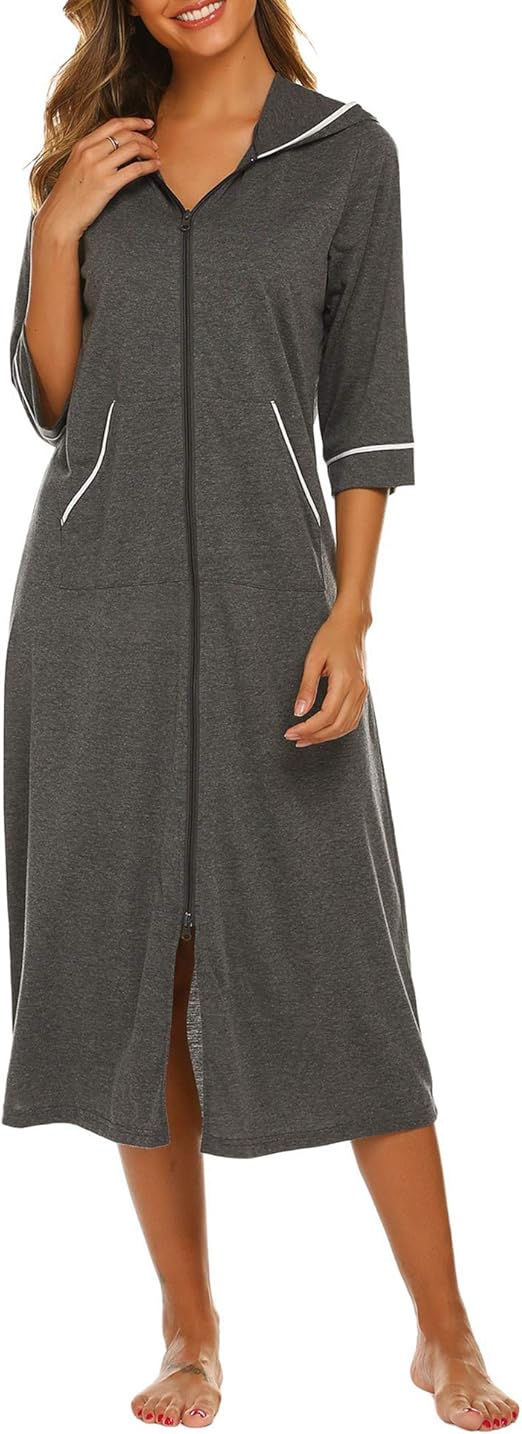Ekouaer Women Zipper Robe 3/4 Sleeves Loungewear Full Length Sleepwear