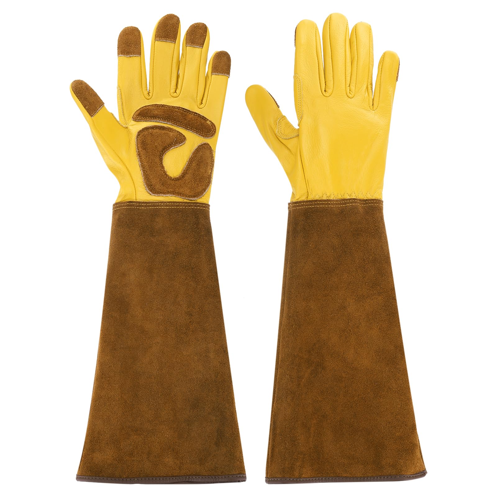 PATIKIL L Long Gardening Gloves, 1 Pair Cowhide Leather Rose Pruning Garden Glove Thorn Proof Women Garden Gloves for Women Men Planting Pruning Digging, Yellow/Brown