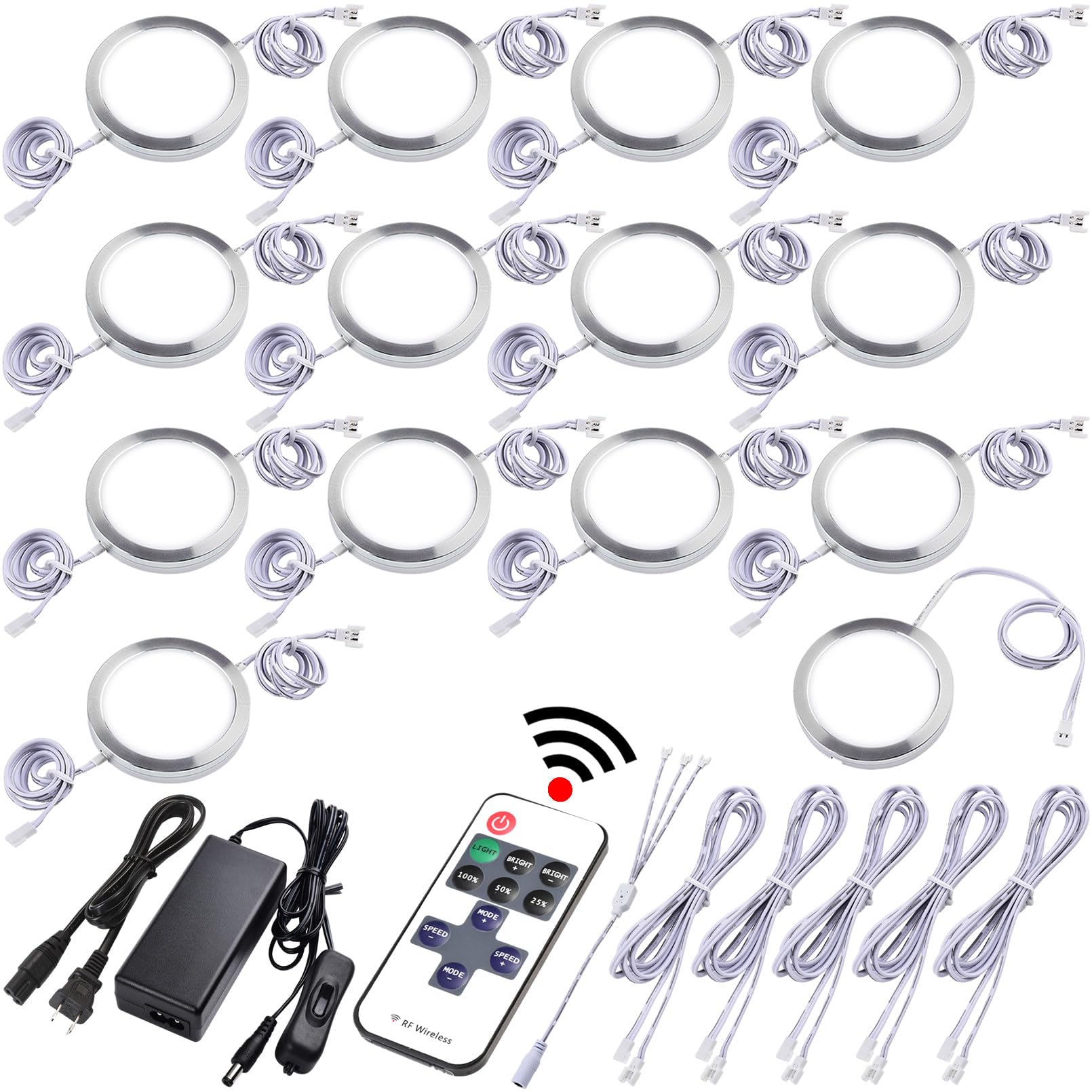 Photo 1 of Lvyinyin Under Cabinet Lighting Kit, Curio Display Case Lighting, Dimmable Wireless RF Remote Control, Linkable Wired LED Puck Lights, AC120V to DC12V, Hardwired or Wall Plug, Daylight, 14 Lights