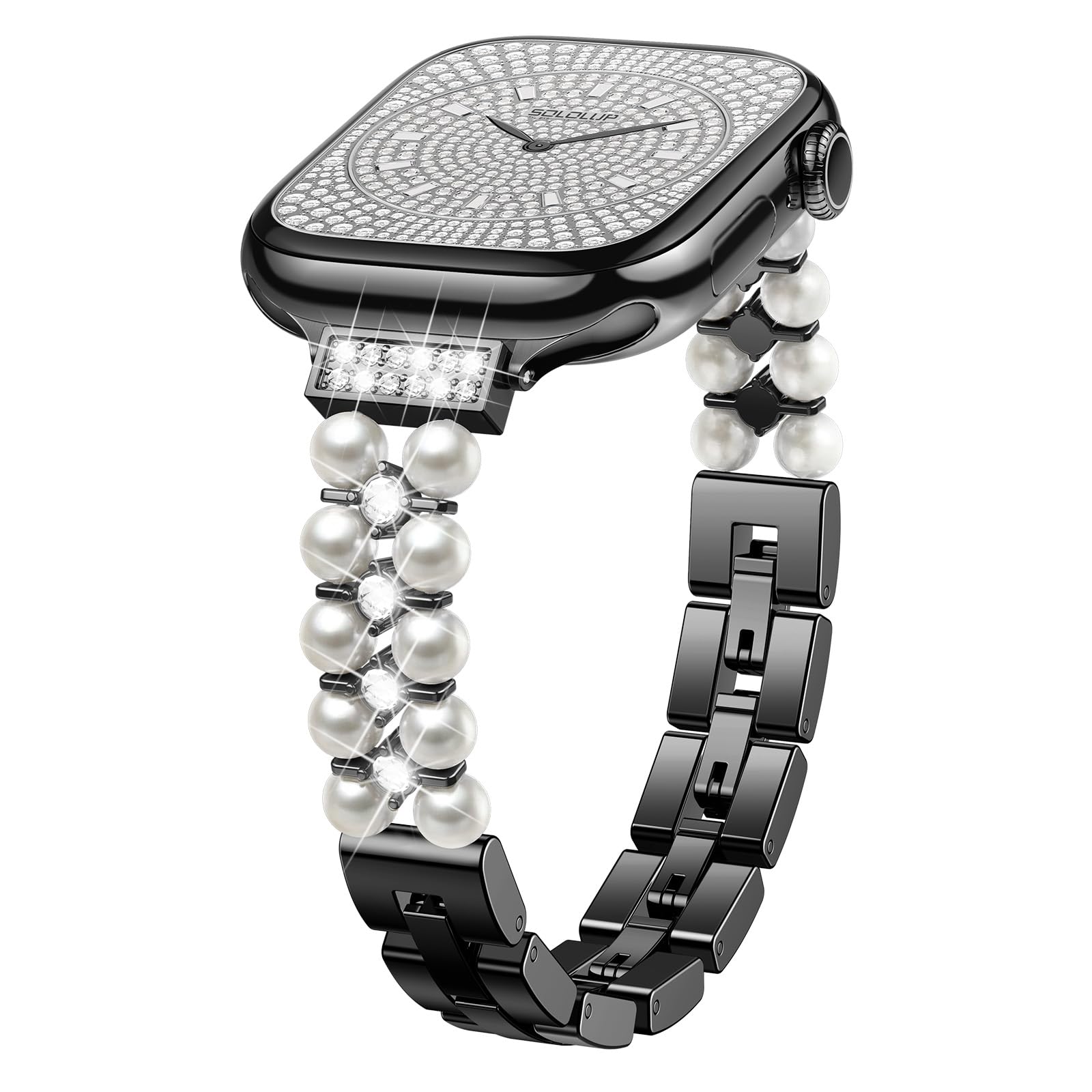 SOLOLUP Pearl Beaded Bracelet for Apple Watch Bands for Women SE 3/2 40mm 41mm 42mm 38mm,Thin Dressy Metal Bling Jewelry Wristband Adjustable Bead Strap for iWatch Series 11 10 9 8 7 6 5 4 3,Black