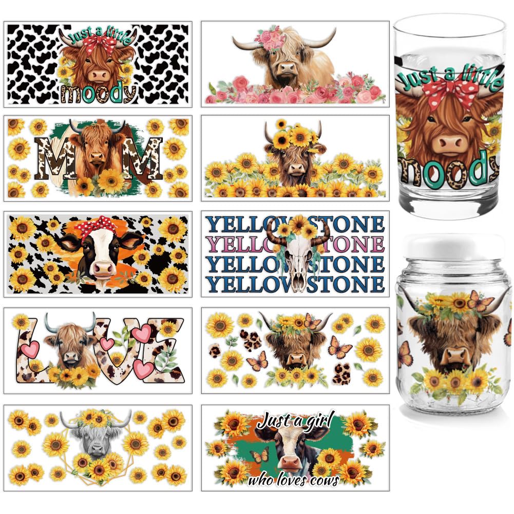 arricraft 10 Sheets UV DTF Cup Wrap, 10 Styles Colorful Cow Sunflowers Words Rub on Transfers PVC Transfer Stickers Waterproof Rub Decals for DIY 16OZ Glass Cups Furniture Wood Crafts