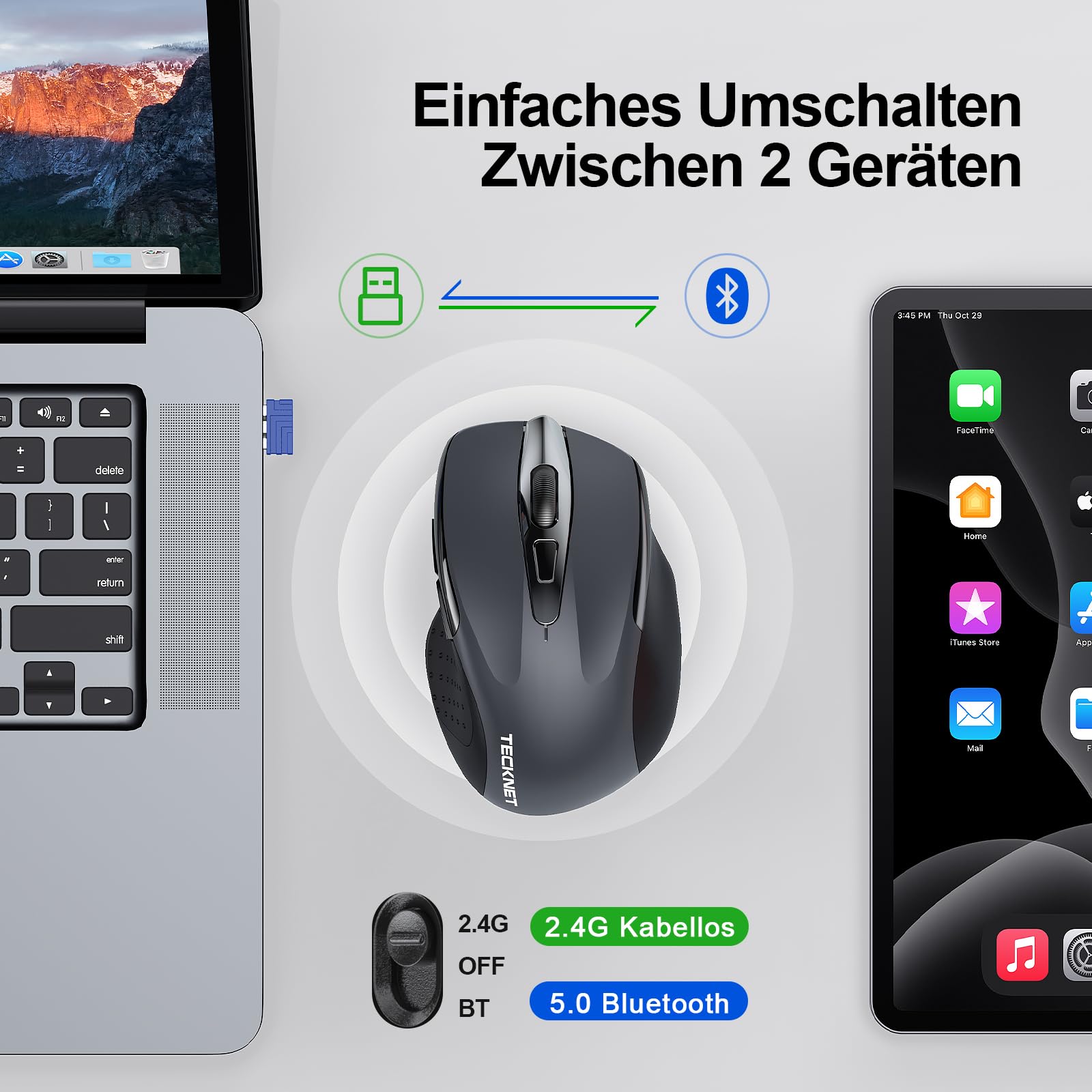 TECKNET Bluetooth Maus, 4800 DPI Kabellos Ergonomische Maus (Tri-Modi: BT 5.0/3.0+2.4G), 30 Monate Batterielaufzeit, Leise Funkmaus für Laptop PC Computer, Windows, Mac OS, Android 2