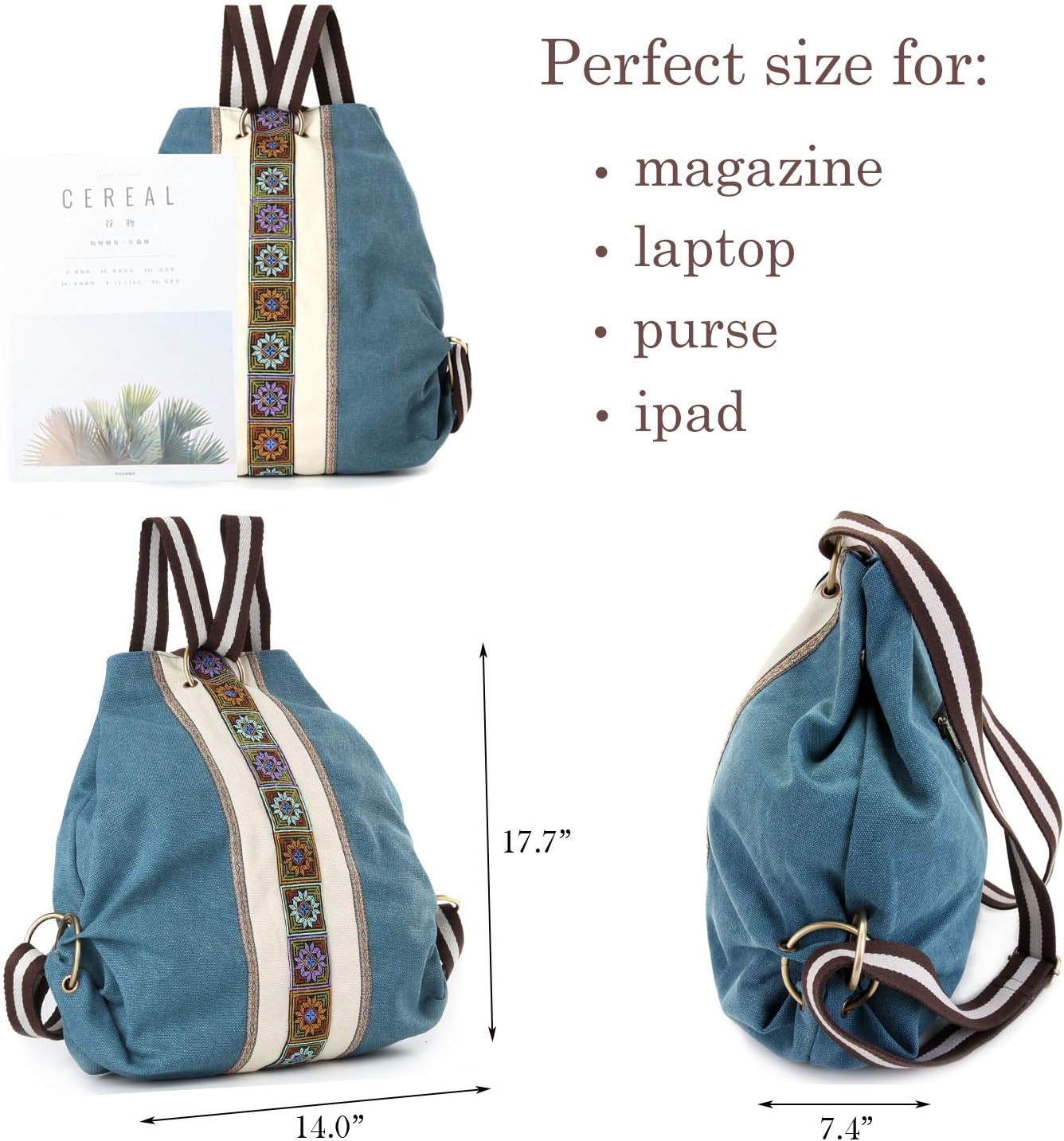  | Women Canvas Backpack Daypack Casual Shoulder Bag, Vintage Heavy-duty Anti-theft Travel Backpack (Green Blue) | Kids' Backpacks