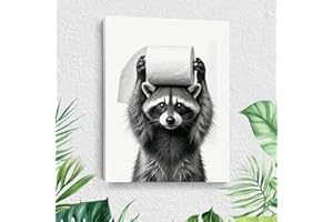Funny Raccoon Bathroom Canvas Wall Art, Cute Raccoon Framed Art Paintings Wall Decor Humorous Animal Picture for Living Room 