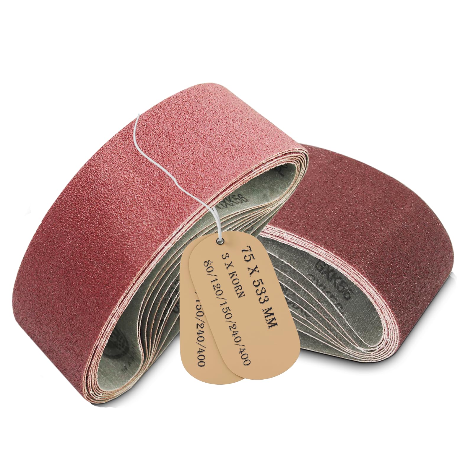 DeJivsin 15 Pieces Sanding Belts 75 x 533 mm, Belt Sander Sanding Belts 3 x Grit 80/120/150/240/400 Assorted Pack for Belt Sander Sanding Machine Filing, Sharpening and Derusting