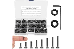 NOVWANG 1000 Pcs Nuts and Bolts Assortment Kit, M3 Metric Screw Assortment Kit, M3 x 6/8/10/12/14/16/18/20mm Socket Button Head Hex Bolts and Nuts Kit Washers Kit Black Zinc Plated with Hex Wrench