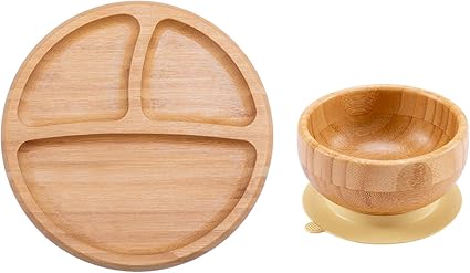 Amazon Wooden Teether ベビー食器 離乳食ボウル プレートセット 吸盤付き ひっくり返らない 天然竹製 赤ちゃん 子供 幼児用 ぴったり吸着 女の子 男の子 くっつく ワンプレート皿 仕切り 滑り止め すくいやすい 出産祝い ギフト プレゼント おしゃれ 人気 イエロー