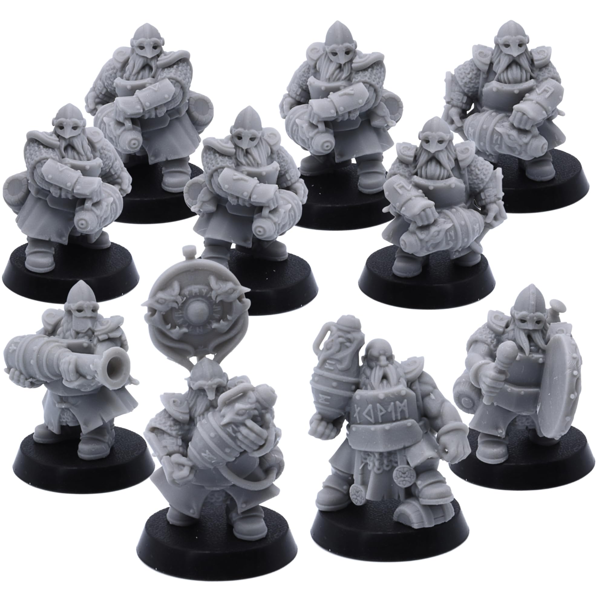 Fantasy Dwarf Firespitters Miniature Set – 10 Dwarf Gunners with Cannons & Command | 32mm Tabletop Wargame Figures | RPG, DnD, Skirmish Games | Highlands Miniatures | Resin Unpainted | 25mm Bases