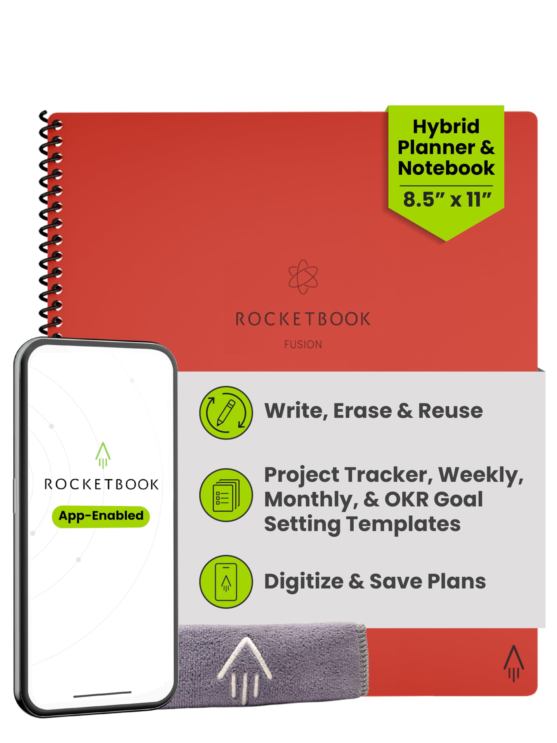 Rocketbook Fusion Reusable Digital Notebook - Smart Notepad A4 Red, 7 Styles, To Do List, Daily Journal, Weekly & Monthly Planner, with Frixion Erasable Pen, Office Gadget Reduces Paper Waste