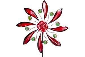 Senflame Rose Outdoor Metal Wind Spinner, Single-Layer Kinetic Garden Art with Vibrant Red Finish - Weatherproof Wind Sculpture for Lawn, Patio, Yard Decor - 10''W x 36''H