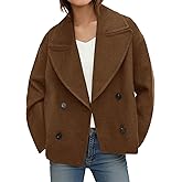Tankaneo Womens Cropped Wool Blend Pea Coat Casual Long Sleeve Double Breasted Notched Lapel Overcoat Jackets