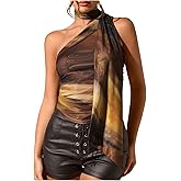 WDIRARA Women's Leopard Print Halter Crop Top Ruched Sleeveless Mesh Shirt with Scarf Y2k