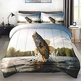 Zzzboro Comforter Set with 2 Pillowcases Full Size, Big Bass Fish Hunting Fishing, Bed Decor Nature Lake Life Pike Fish Scales for Kids and Adults, Soft Cozy Bedroom Bedding Set
