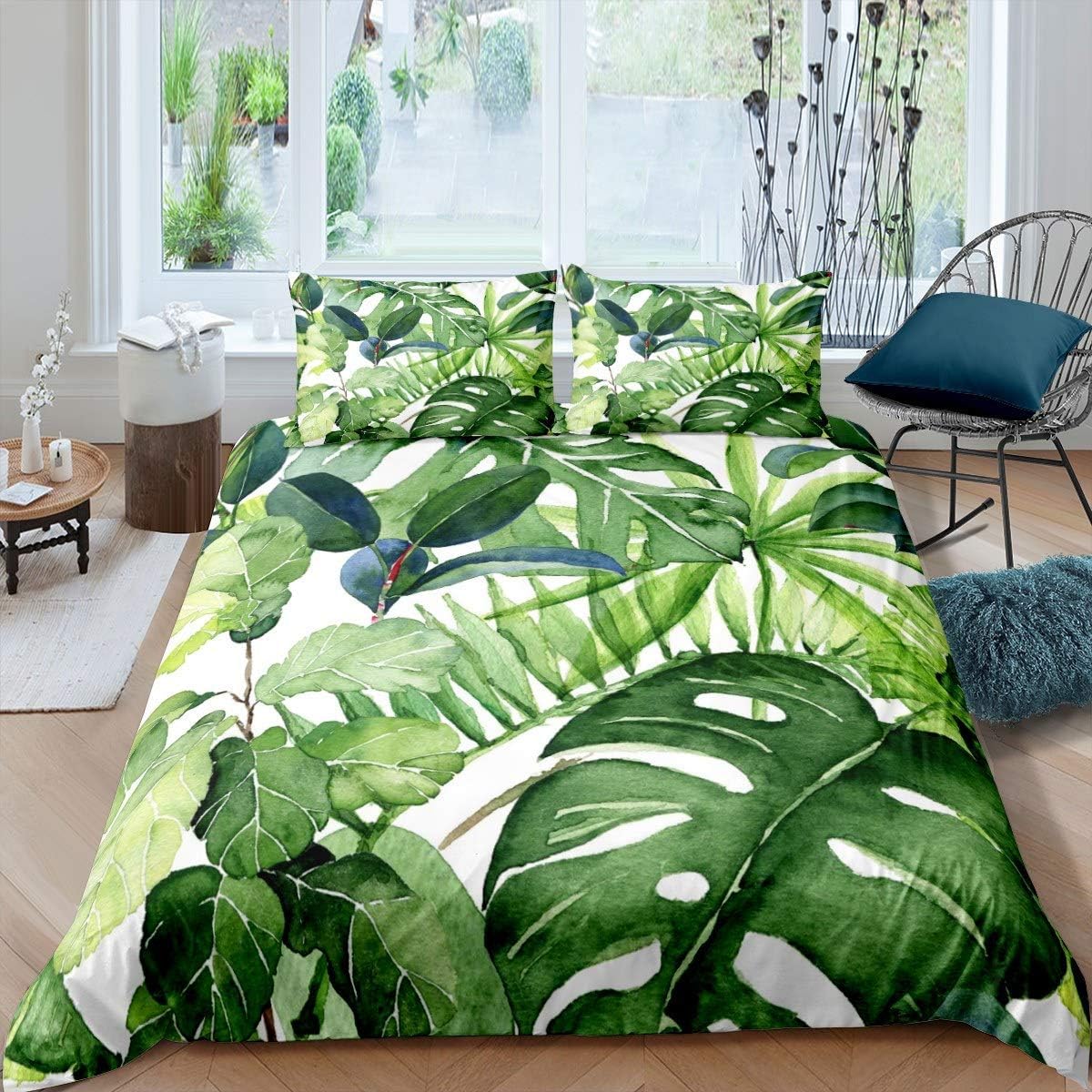 Loussiesd Palm Leaf Bed Cover Green Tropical Leaves Pattern Bedding Set Chic Watercolor Design Duvet Cover for Children Kids Boys Girls Botanical Leaf Branches Bedspread Cover Room Decor Super King