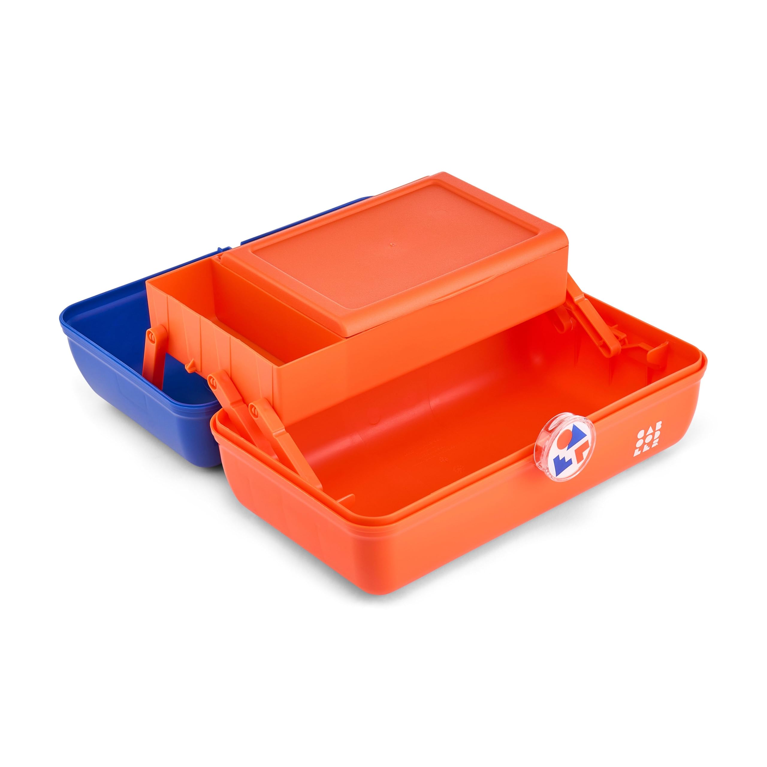 Caboodles School Spirit On-The-Go Girl Makeup Box, Blue Over Orange, Hard Plastic Makeup Organizer Box, Built-In Mirror, Secure Latch for Safe Travel, Spacious Storage for Large Items