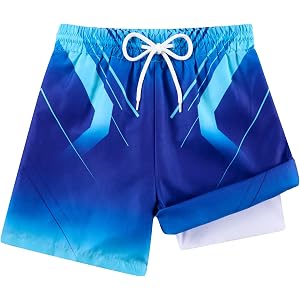 Cozople Boys Swim Trunks with 4-Way Stretch Boxer Mesh Liner Neon Ombre Quick Dry 2 in 1 Shorts in Summer Size 8-14T