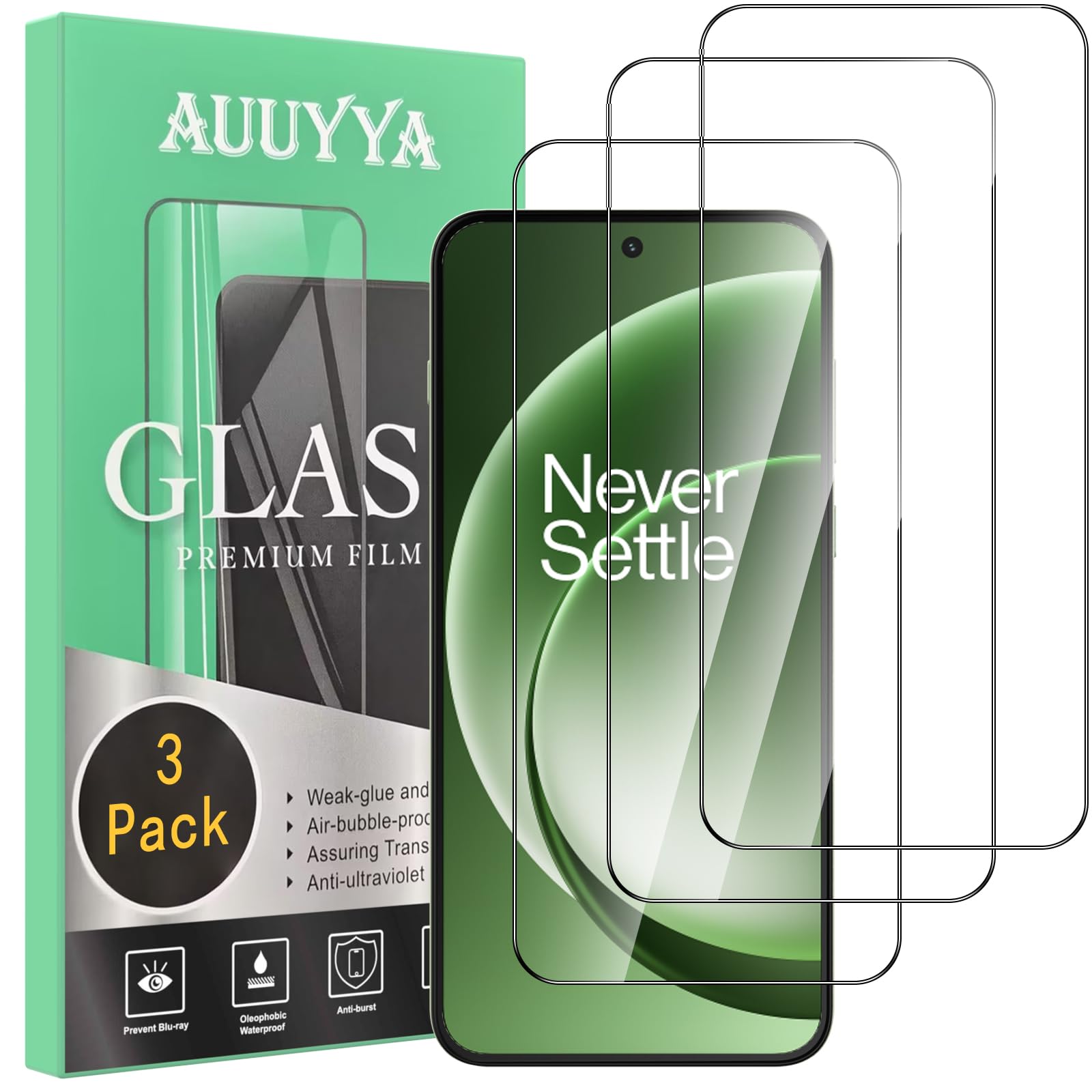 AUUYYA 3-Pack for OnePlus 15R Screen Protector Tempered Glass, 9H Hardness Anti-Fingerprint Bubble-Free Anti Scratch, Ultra Drop Scratch Protection Film for OnePlus 15R, Easy Installation