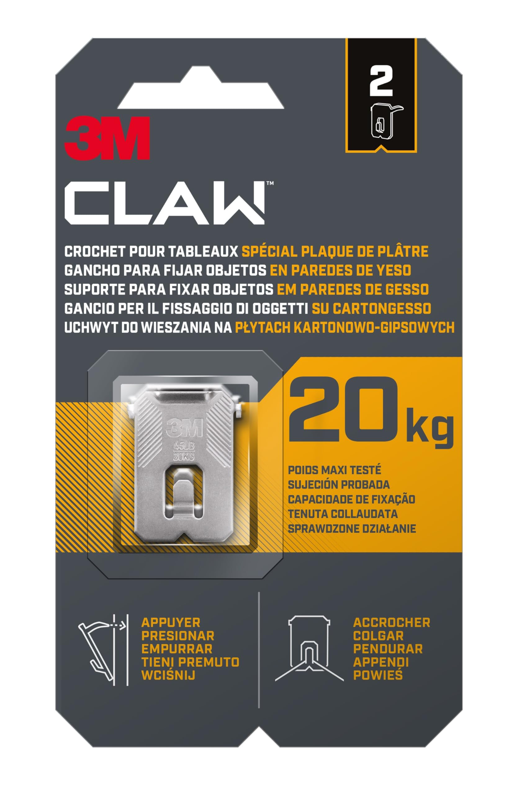 3M Claw 20 kg, 3PH20-2WMR, 2 Hooks for Plasterboard Boards