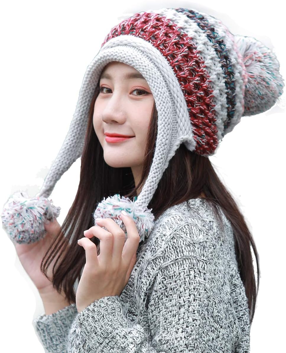 Ypser Women Fleece Lined Beanie Scarf Mask Set Winter Knit Ear Flaps Hat with Pompom