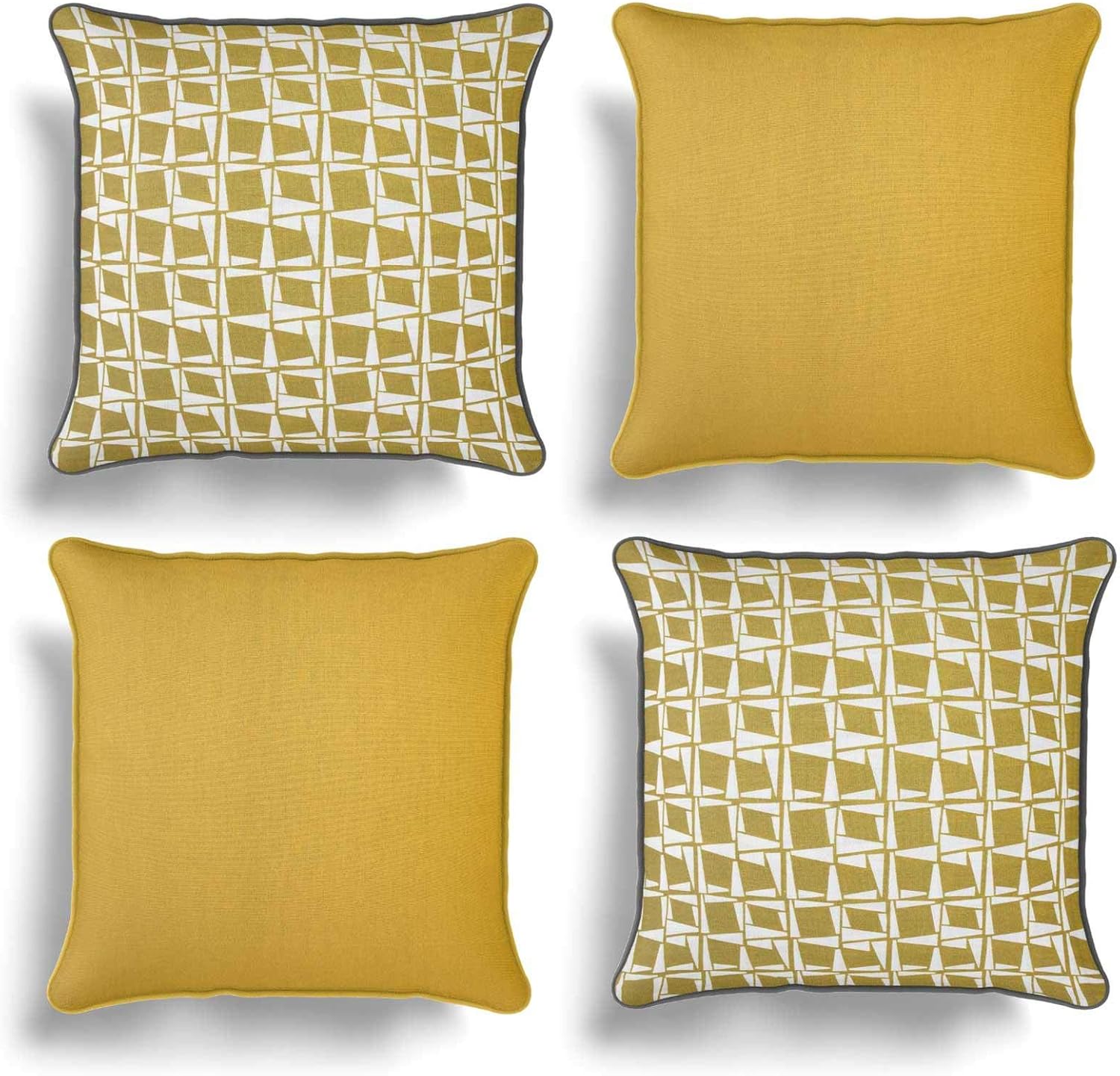 Set of 4 Ochre Cushion Covers, Pack of Four Matching Yellow Geometric