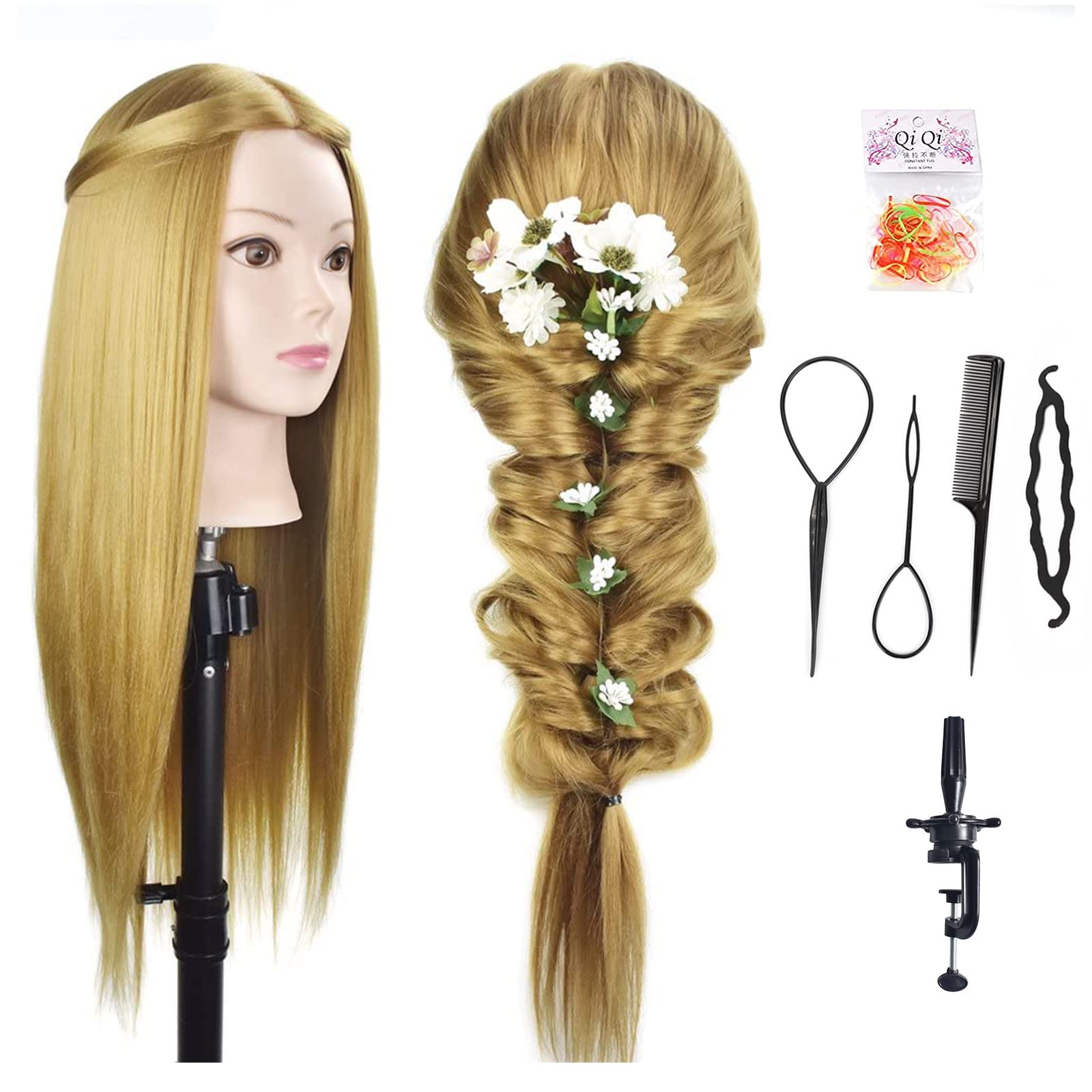 26"- 28" Training Head Hairdressing Mannequin Head Manikin Doll Head Synthetic Fiber Hair with Free Clamp