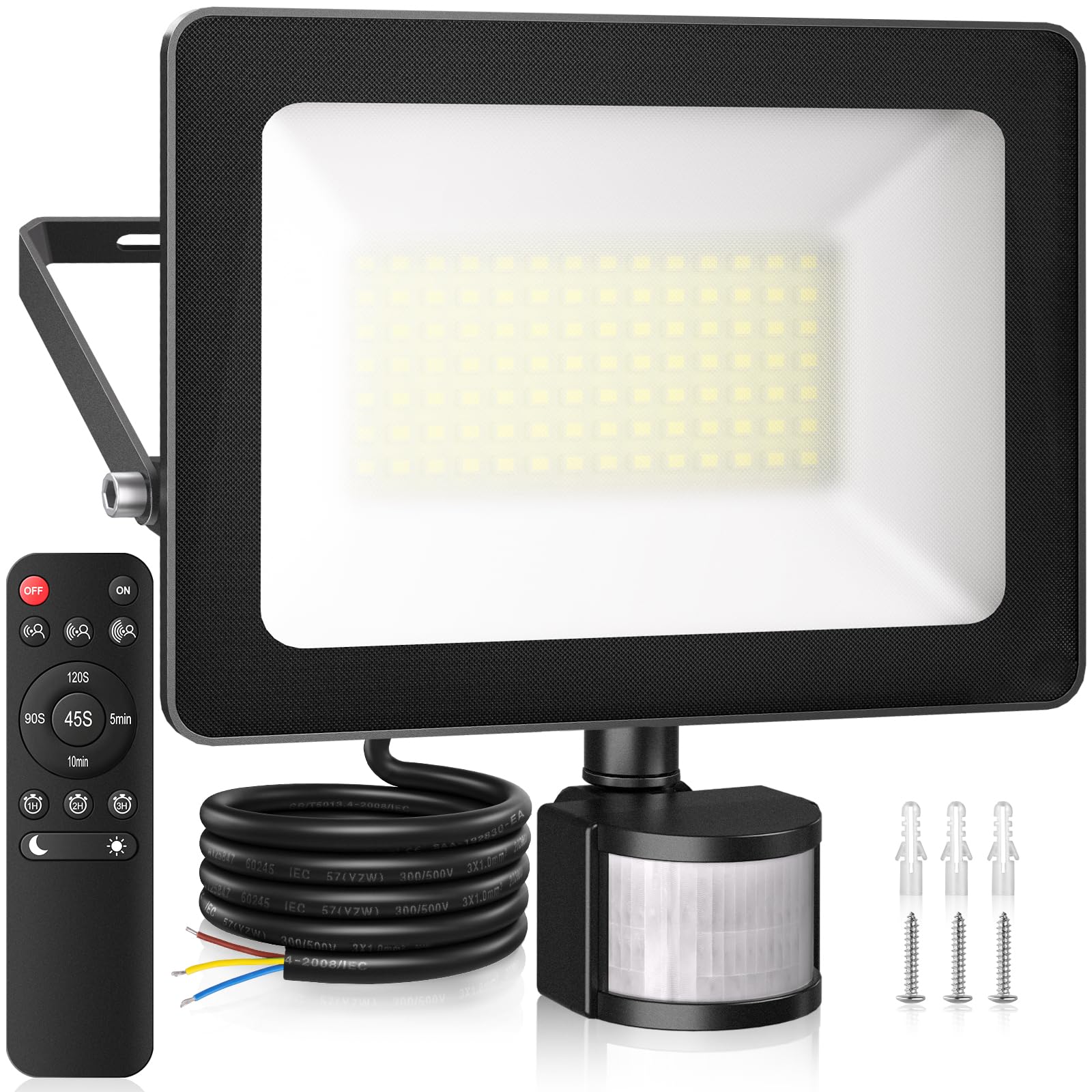 CLV 80W Motion Sensor Outdoor Security Light, 7865LM Remote LED Floodlights with PIR Sensor, IP66 Motion Sensor Floodlight, Button & Remote 6500K PIR Light 3 Modes for Backyard Garden Garage Yard