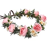 KorViSHOW Pink Flower Crown Headband - Rose Floral Headpiece Adjustable Fairy Flower Crown for Women Girls Renaissance Birthday Wedding Party Photo Props
