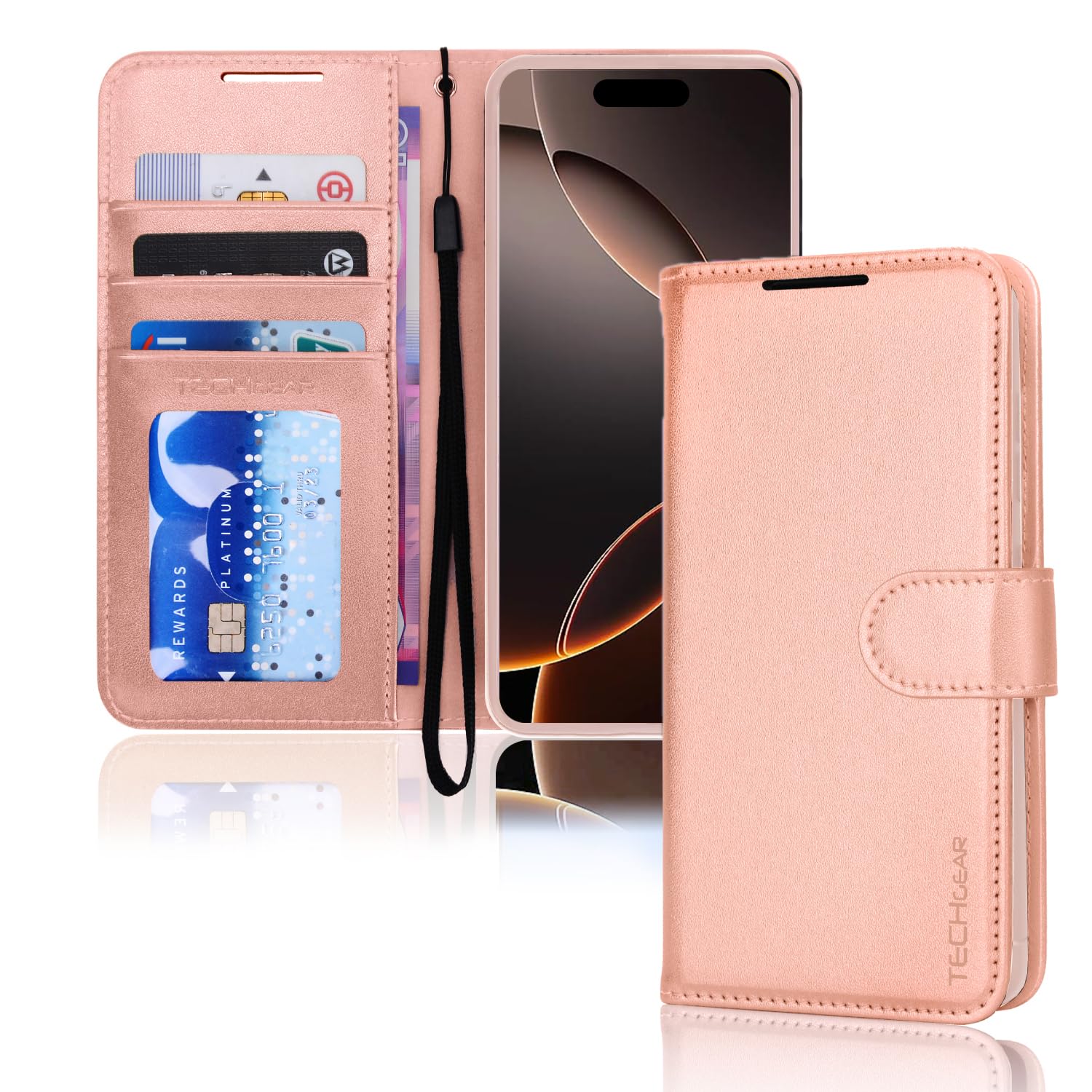 TECHGEAR iPhone 16 Pro Leather Wallet Case, Protective Flip Case Cover [RFID BLOCKING] Wallet Card Holder, Stand & Wrist Strap - Rose Gold PU Leather with Magnetic Closure for iPhone 16 Pro 6.3"