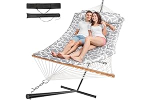 Everyfun 2 Person Outdoor Hammock with Stand, Cotton Rope Hammock with Polyester Pad, Adjustable Steel Frame, Portable with Carrying Bag – for Patio, Backyard, Garden, Beach, White-Gray